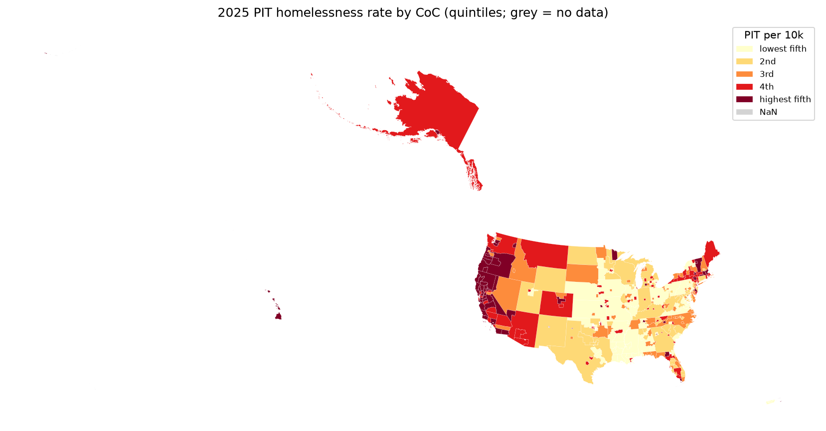 PIT homelessness rate per 10,000 by Continuum of Care, January 2025